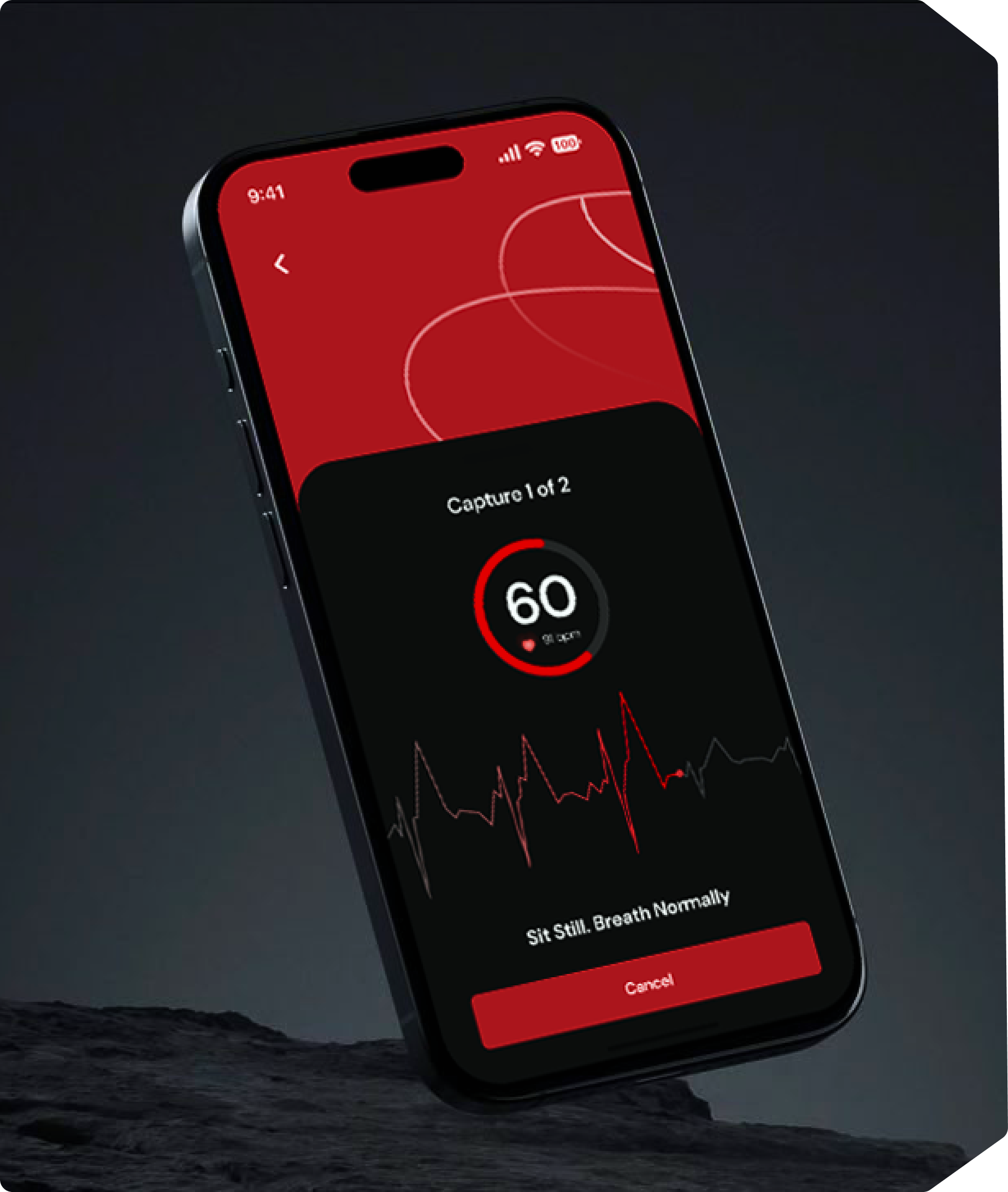 The Mirror app on a phone: live gauge, pulse trace, and session guidance